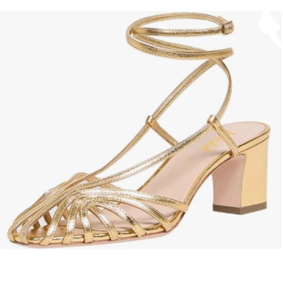 miss left Gold Caged Toe Chunky Heel Cutout Strappy Ankle Strap Buckle Sandals - Picture 1 of 8